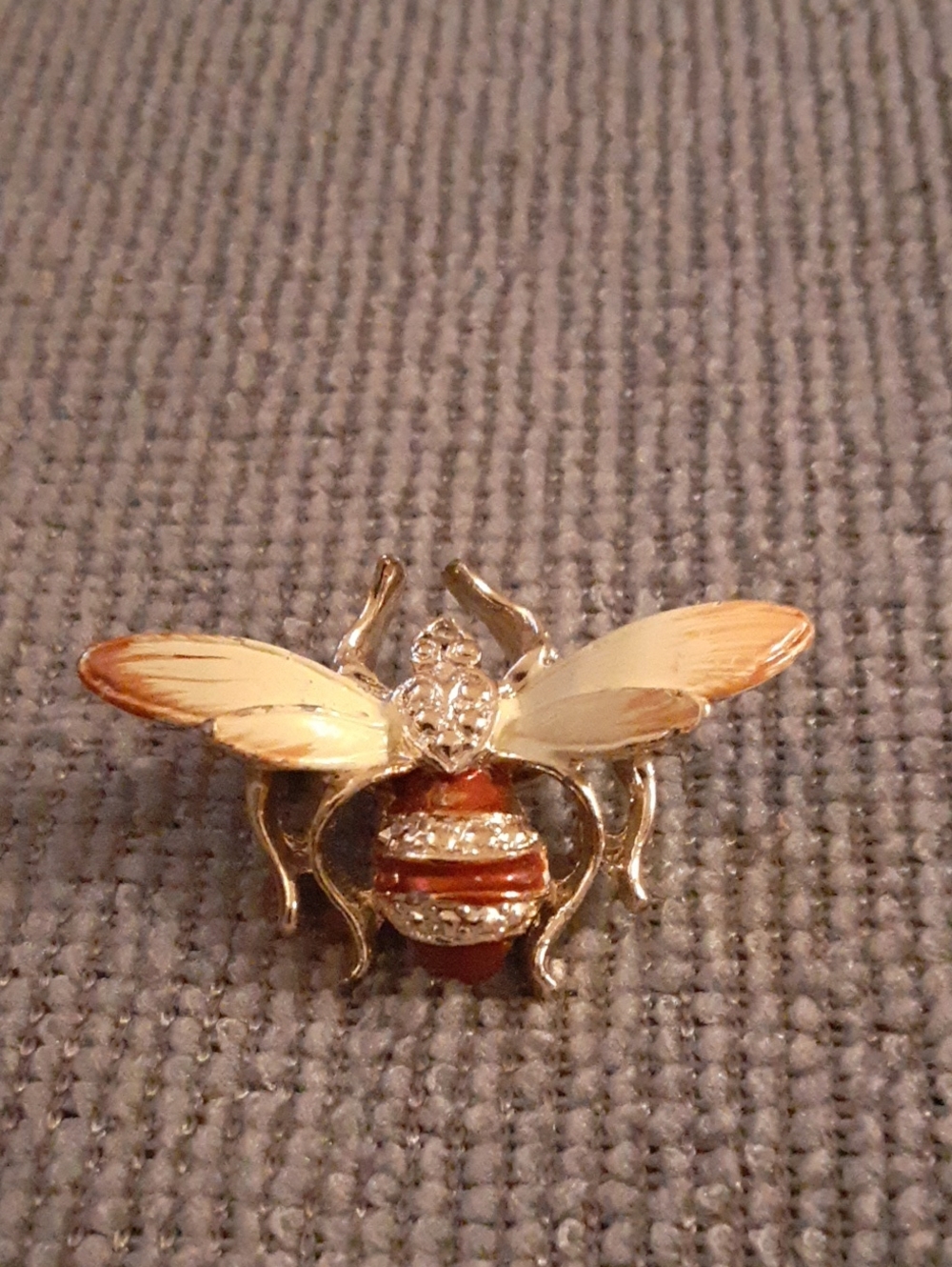 Gold Tone Bee Brooch with Enamel Wings and Red Stripes